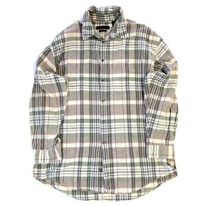 Metropolitan View Mens Large Linen Cotton Plaid Button Down Shirt Green Tan L